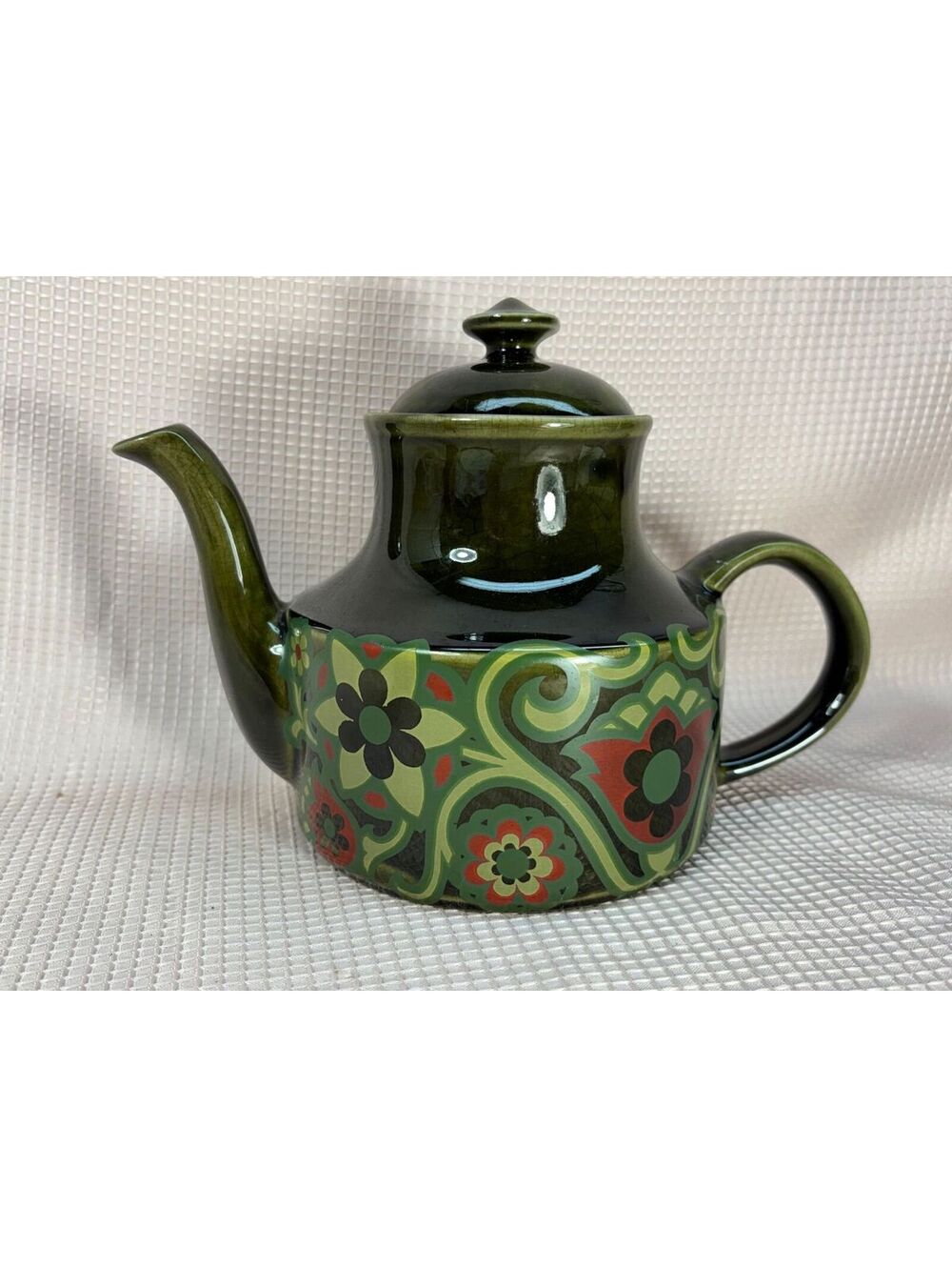 194 - Arthur Wood teapot Stratford dark olive green glaze & floral pattern AS IS